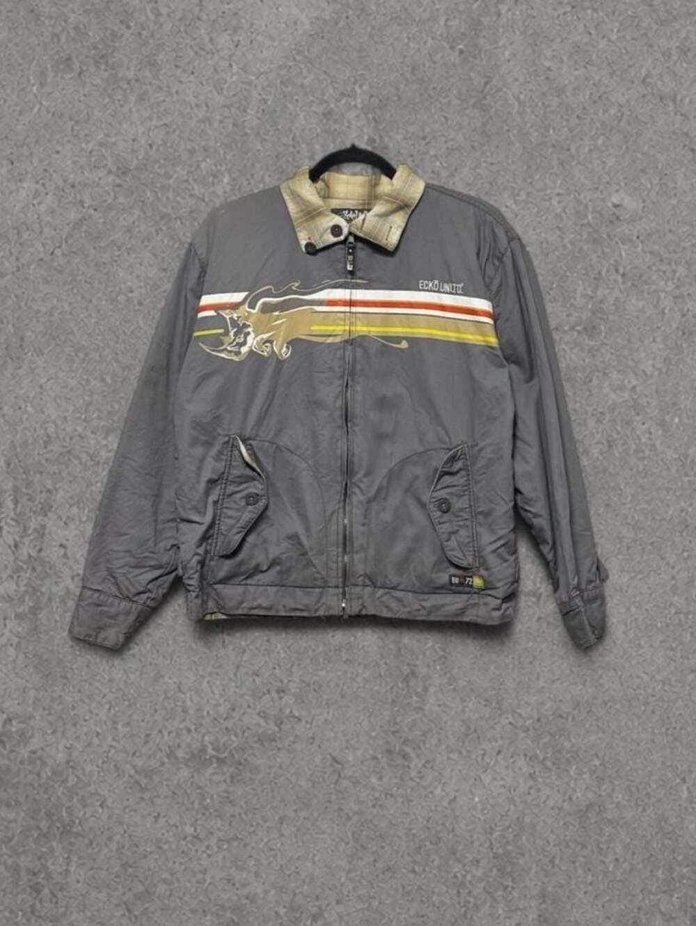 2000s Ecko Unltd Reversible Plaid and Gray Zip Jacket